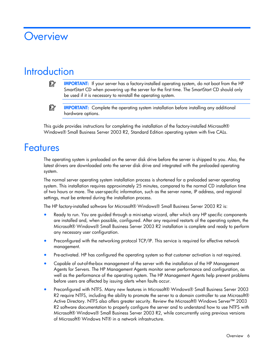 Overview, Introduction, Features | HP ProLiant DL360 G4p Server User Manual | Page 6 / 23