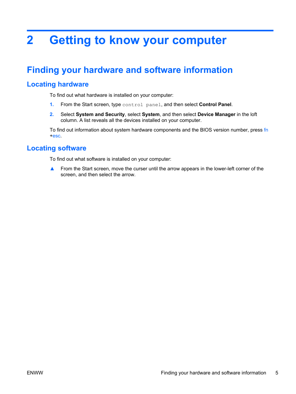 Getting to know your computer, Finding your hardware and software information, Locating hardware | Locating software, 2 getting to know your computer, Locating hardware locating software, Getting to, 2getting to know your computer | HP Spectre 13 x2 Pro PC User Manual | Page 15 / 86