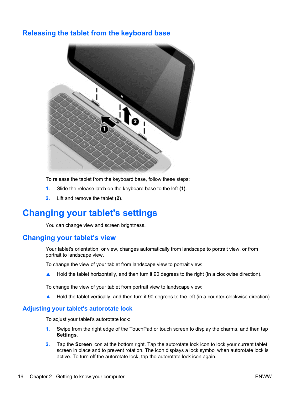 Releasing the tablet from the keyboard base, Changing your tablet's settings, Changing your tablet's view | Adjusting your tablet's autorotate lock | HP Spectre 13 x2 Pro PC User Manual | Page 26 / 86