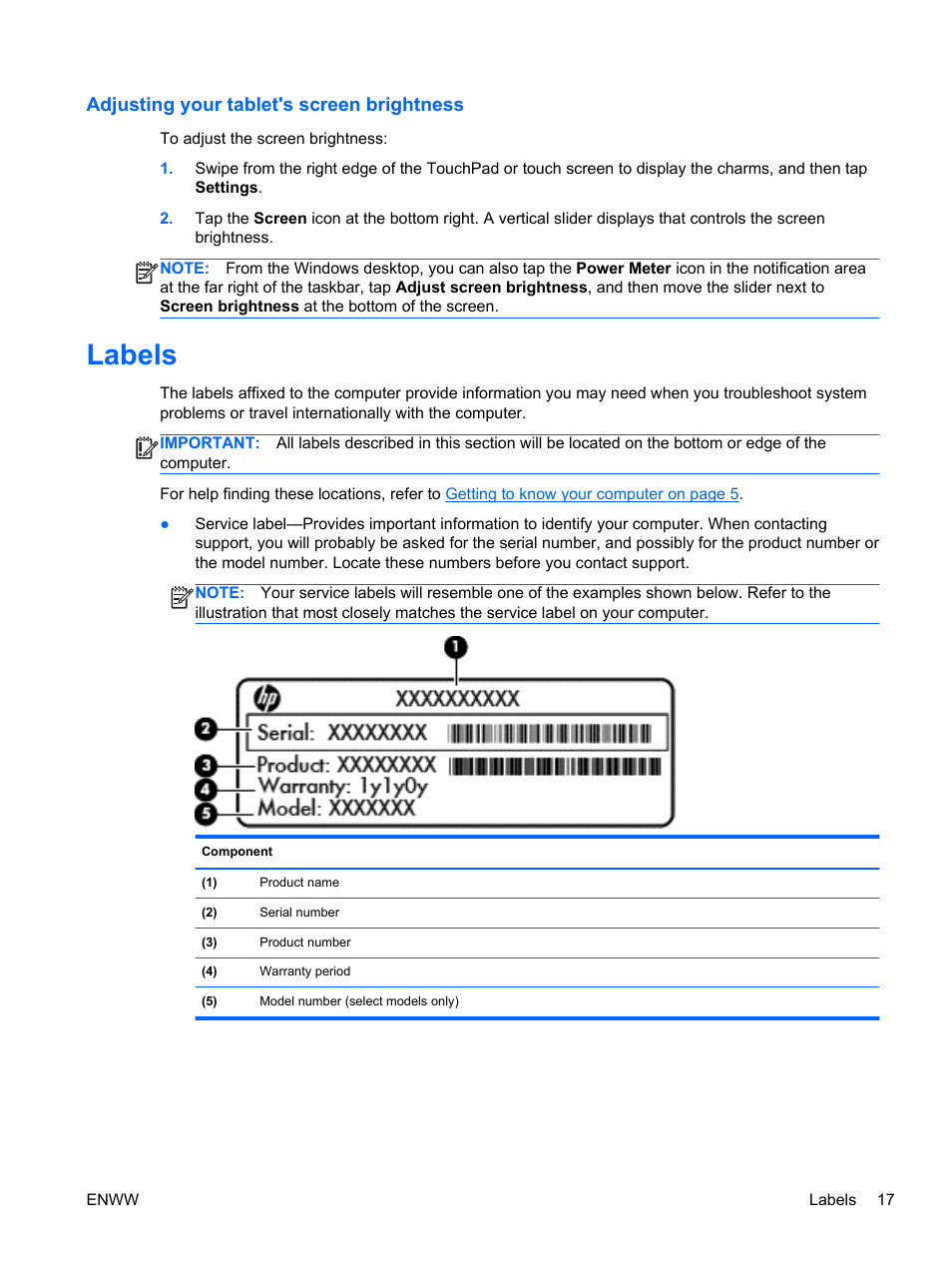 Adjusting your tablet's screen brightness, Labels | HP Spectre 13 x2 Pro PC User Manual | Page 27 / 86