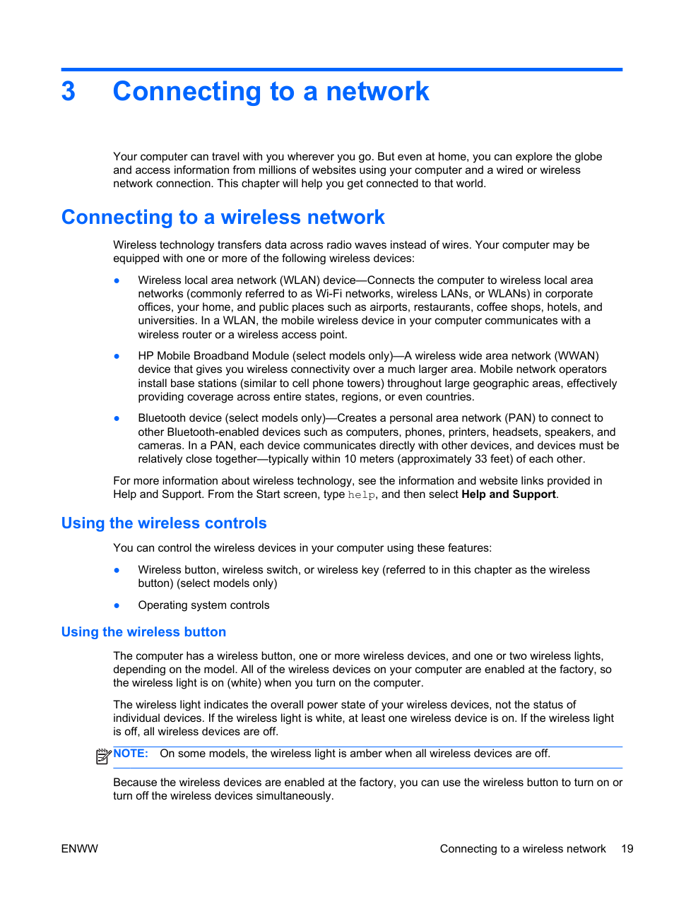 Connecting to a network, Connecting to a wireless network, Using the wireless controls | Using the wireless button, 3 connecting to a network, Connecting, 3connecting to a network | HP Spectre 13 x2 Pro PC User Manual | Page 29 / 86