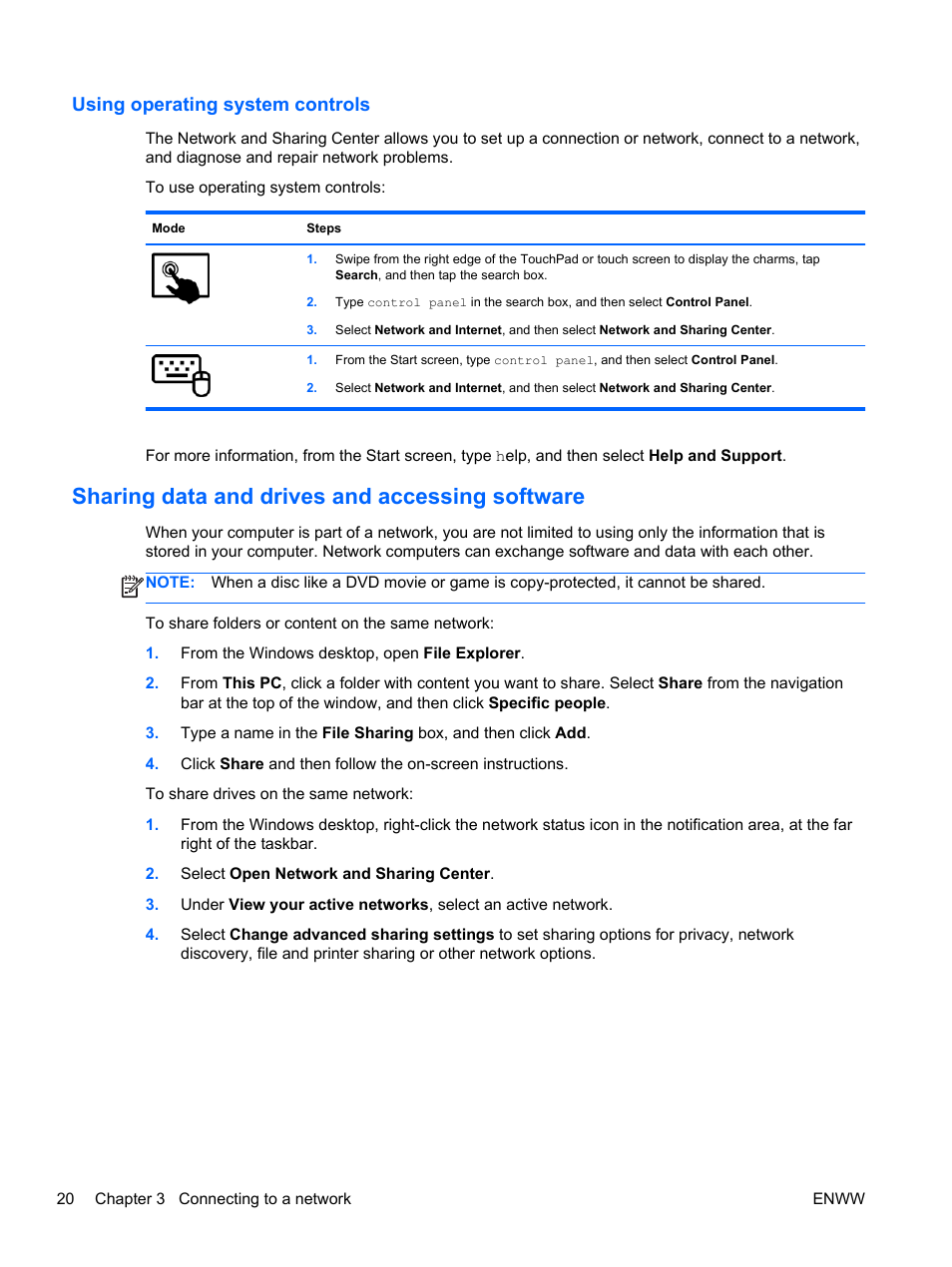 Using operating system controls, Sharing data and drives and accessing software | HP Spectre 13 x2 Pro PC User Manual | Page 30 / 86
