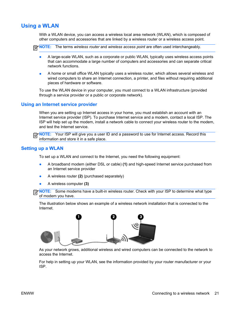 Using a wlan, Using an internet service provider, Setting up a wlan | HP Spectre 13 x2 Pro PC User Manual | Page 31 / 86