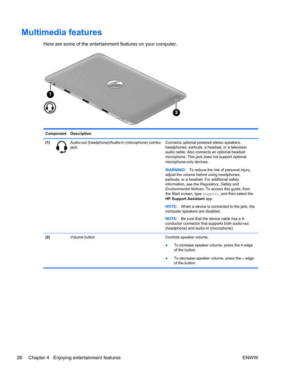 Multimedia features | HP Spectre 13 x2 Pro PC User Manual | Page 36 / 86