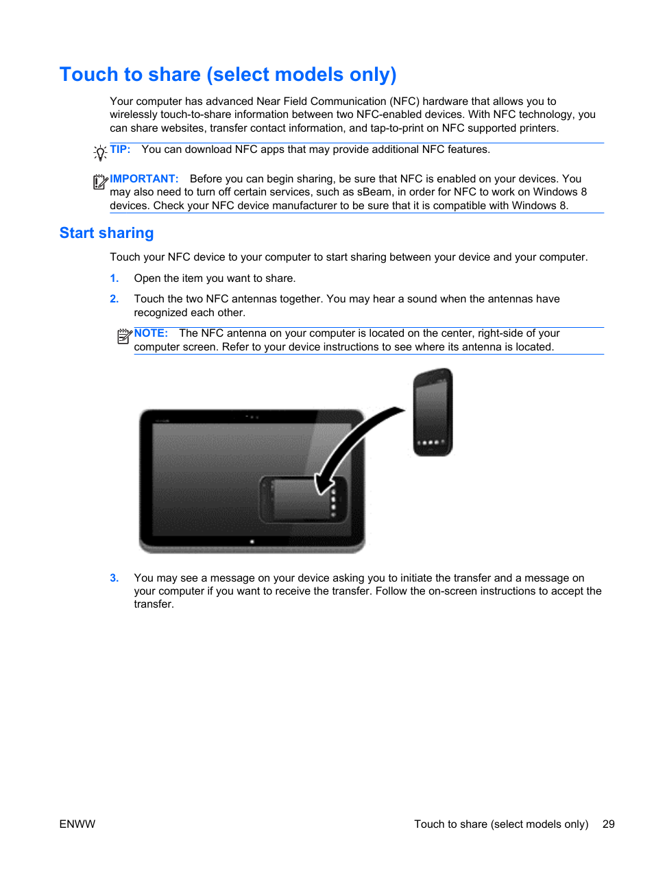 Touch to share (select models only), Start sharing | HP Spectre 13 x2 Pro PC User Manual | Page 39 / 86