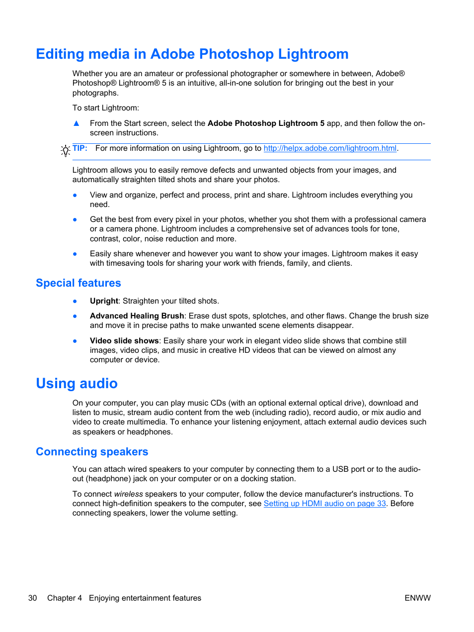 Editing media in adobe photoshop lightroom, Special features, Using audio | Connecting speakers, Editing | HP Spectre 13 x2 Pro PC User Manual | Page 40 / 86