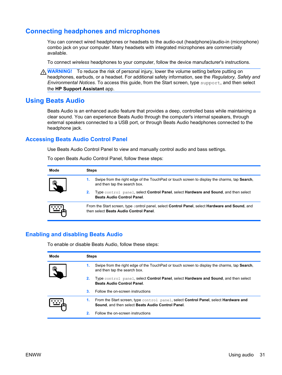 Connecting headphones and microphones, Using beats audio, Accessing beats audio control panel | Enabling and disabling beats audio | HP Spectre 13 x2 Pro PC User Manual | Page 41 / 86