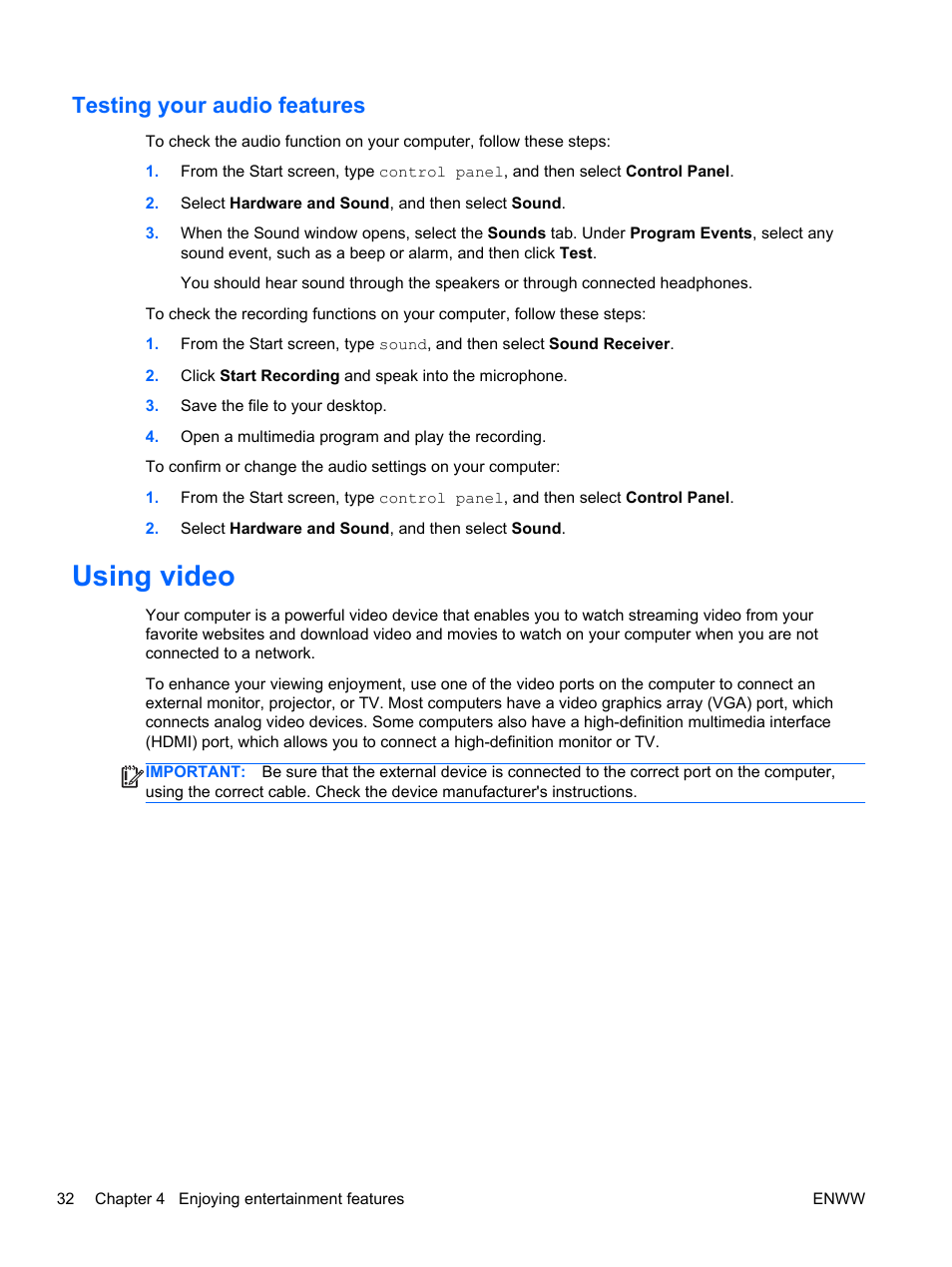 Testing your audio features, Using video | HP Spectre 13 x2 Pro PC User Manual | Page 42 / 86