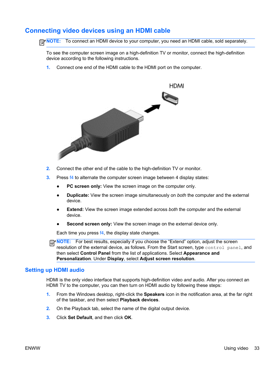 Connecting video devices using an hdmi cable, Setting up hdmi audio, Connecting | HP Spectre 13 x2 Pro PC User Manual | Page 43 / 86