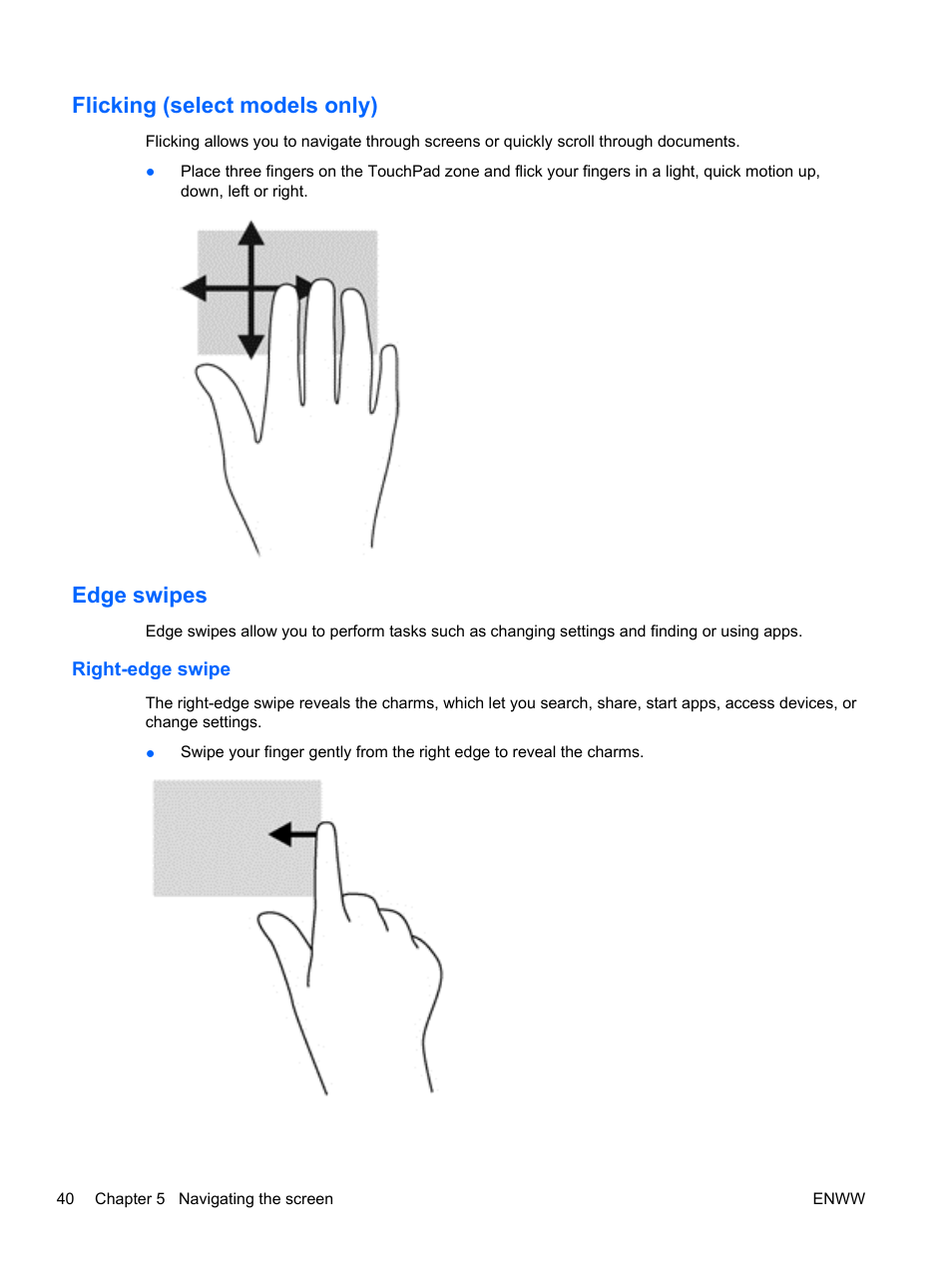 Flicking (select models only), Edge swipes, Right-edge swipe | Flicking (select models only) edge swipes | HP Spectre 13 x2 Pro PC User Manual | Page 50 / 86