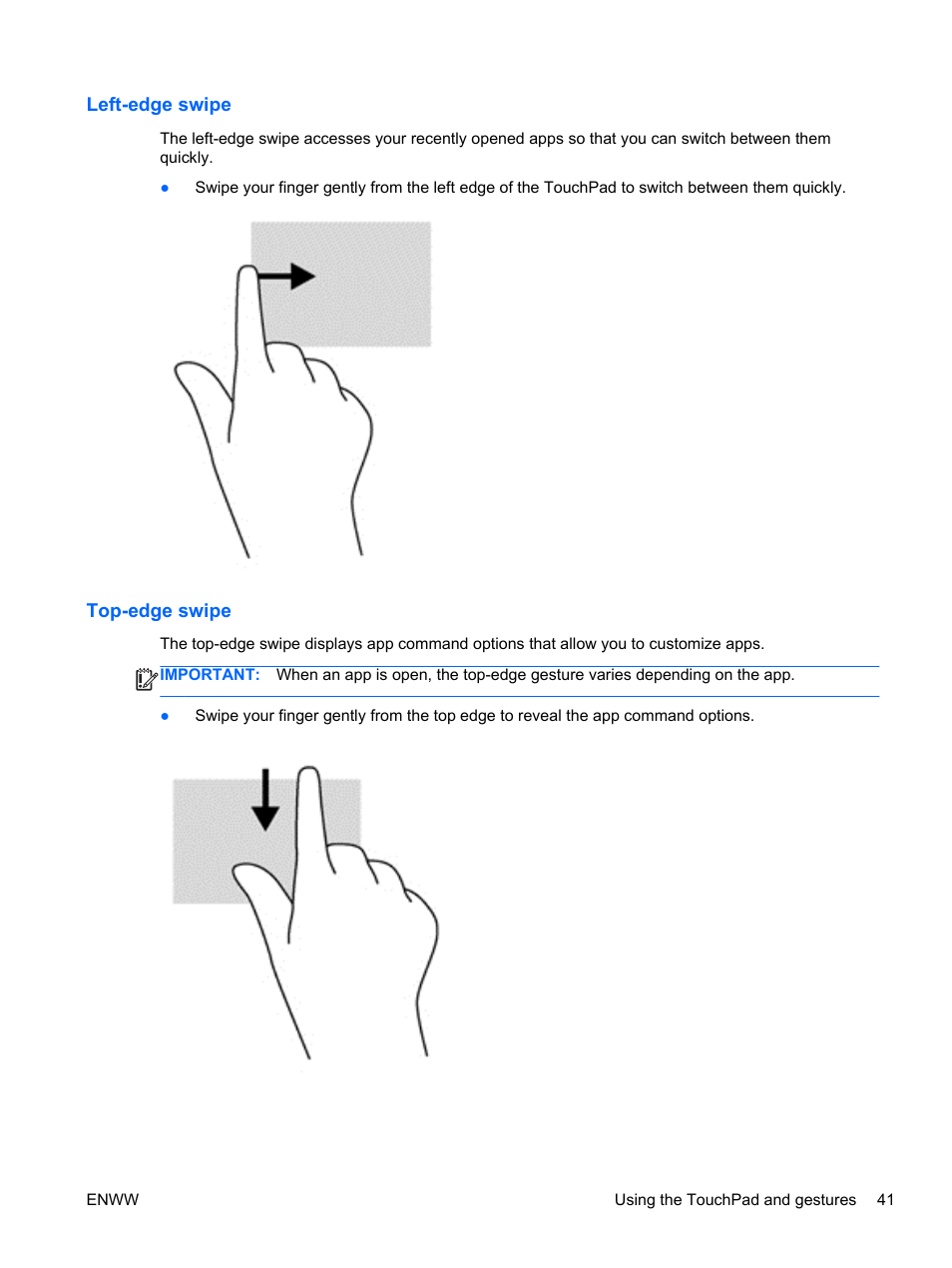 Left-edge swipe, Top-edge swipe, Left-edge swipe top-edge swipe | HP Spectre 13 x2 Pro PC User Manual | Page 51 / 86