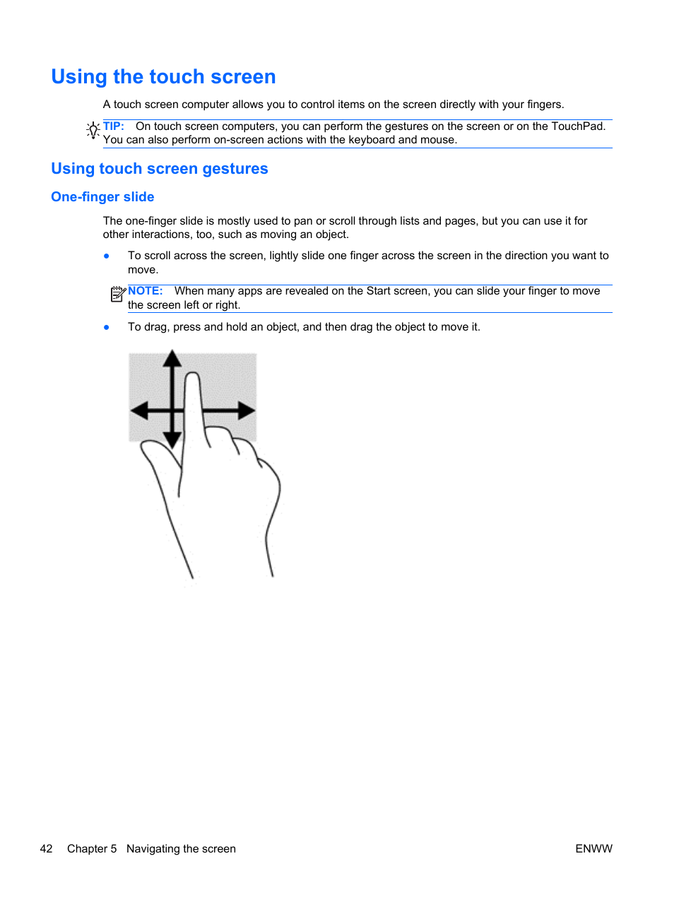 Using the touch screen, Using touch screen gestures, One-finger slide | HP Spectre 13 x2 Pro PC User Manual | Page 52 / 86