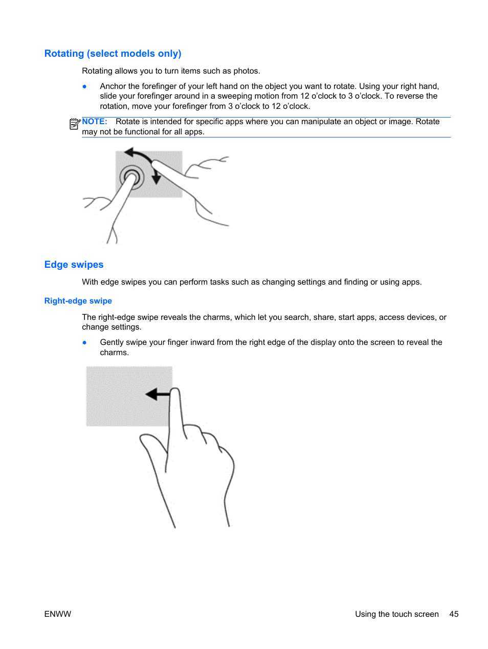 Rotating (select models only), Edge swipes, Right-edge swipe | Rotating (select models only) edge swipes | HP Spectre 13 x2 Pro PC User Manual | Page 55 / 86