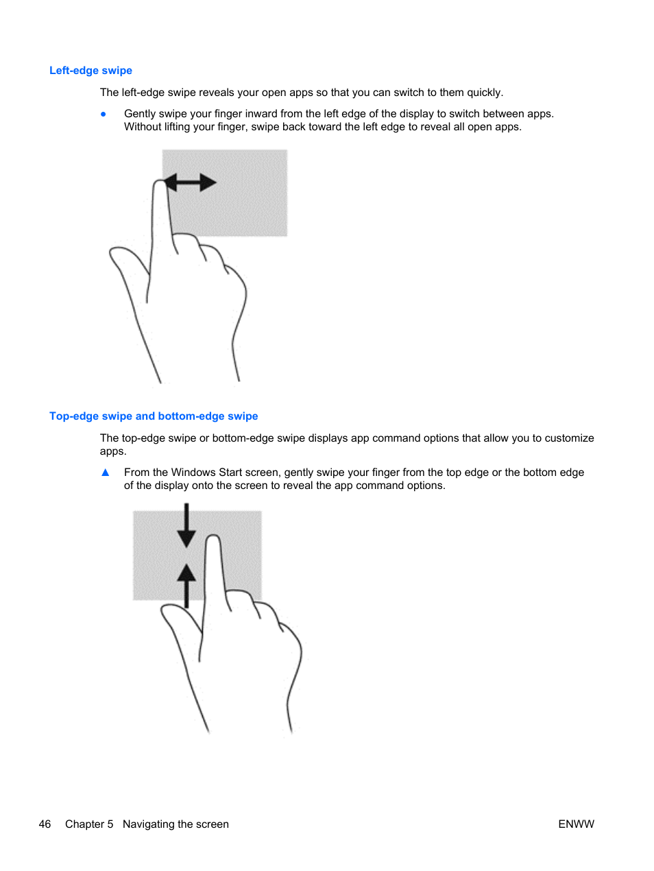 Left-edge swipe, Top-edge swipe and bottom-edge swipe | HP Spectre 13 x2 Pro PC User Manual | Page 56 / 86