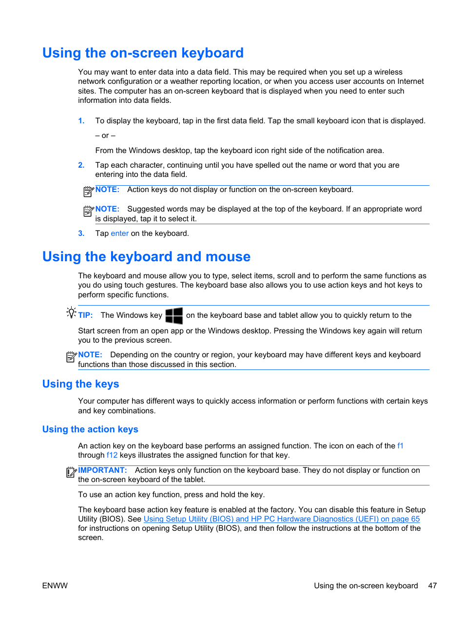 Using the on-screen keyboard, Using the keyboard and mouse, Using the keys | Using the action keys | HP Spectre 13 x2 Pro PC User Manual | Page 57 / 86