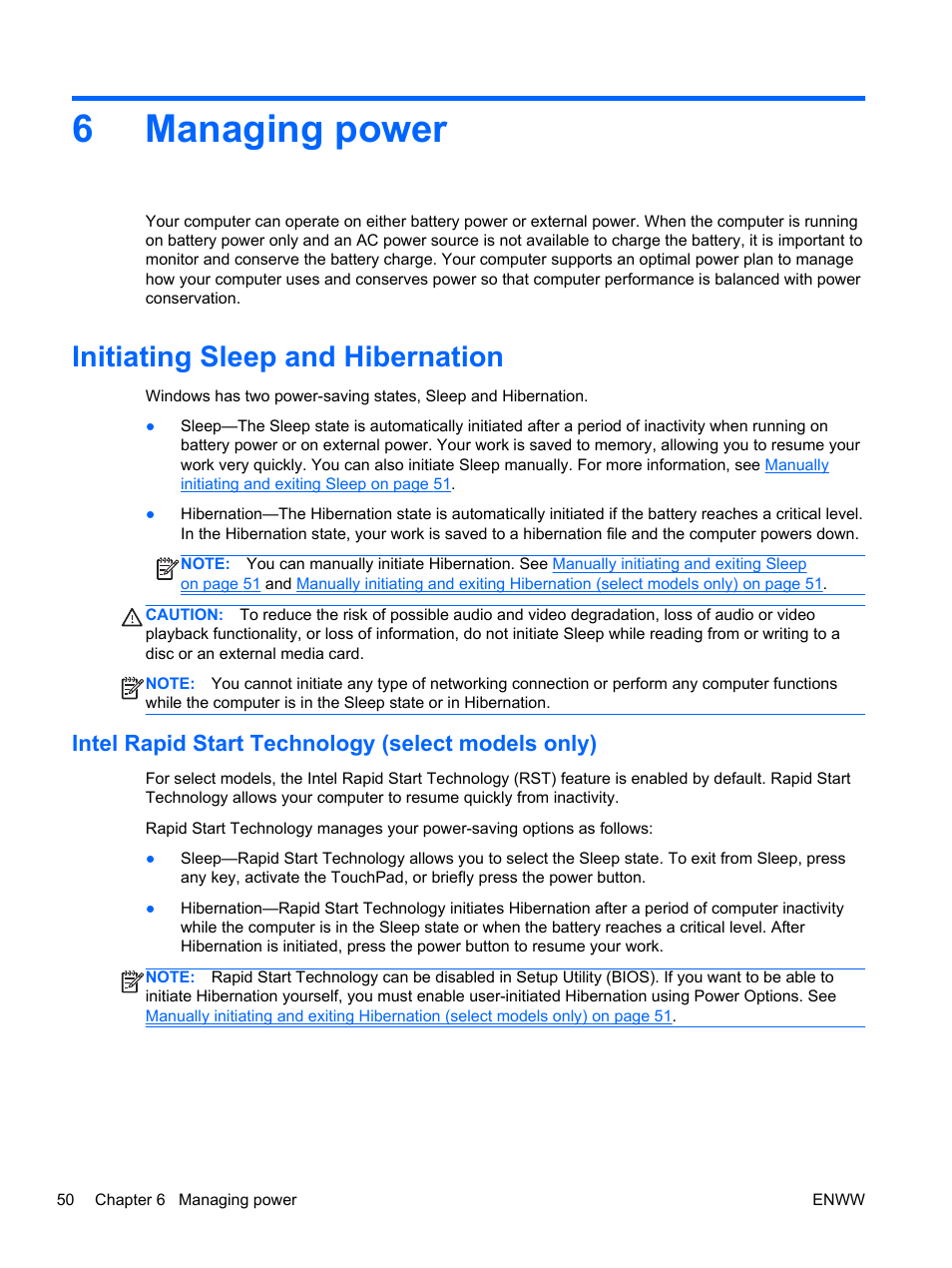Managing power, Initiating sleep and hibernation, Intel rapid start technology (select models only) | 6 managing power, 6managing power | HP Spectre 13 x2 Pro PC User Manual | Page 60 / 86