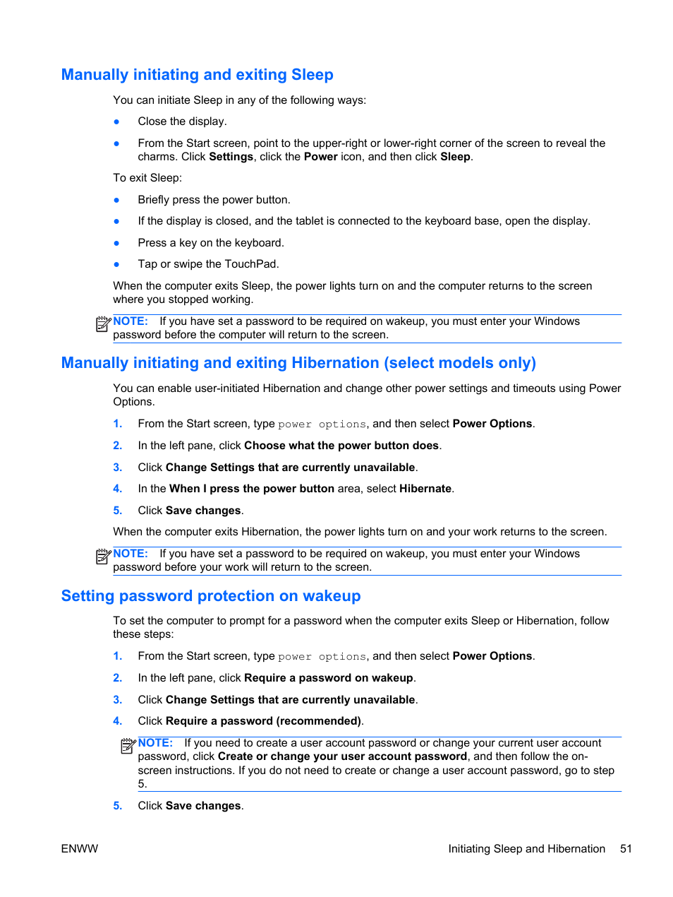 Manually initiating and exiting sleep, Setting password protection on wakeup, Manually | HP Spectre 13 x2 Pro PC User Manual | Page 61 / 86