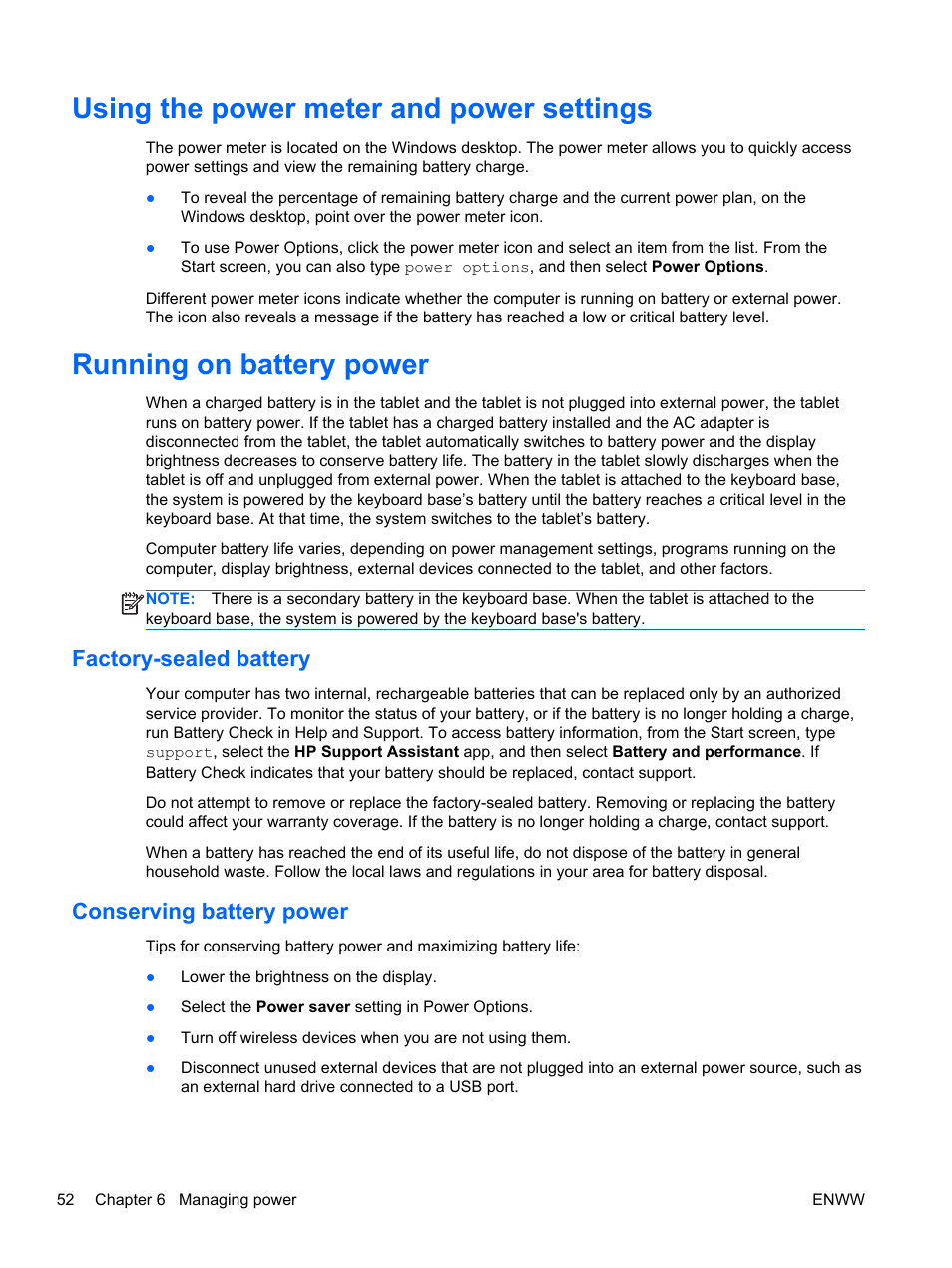 Using the power meter and power settings, Running on battery power, Factory-sealed battery | Conserving battery power, Factory-sealed battery conserving battery power | HP Spectre 13 x2 Pro PC User Manual | Page 62 / 86