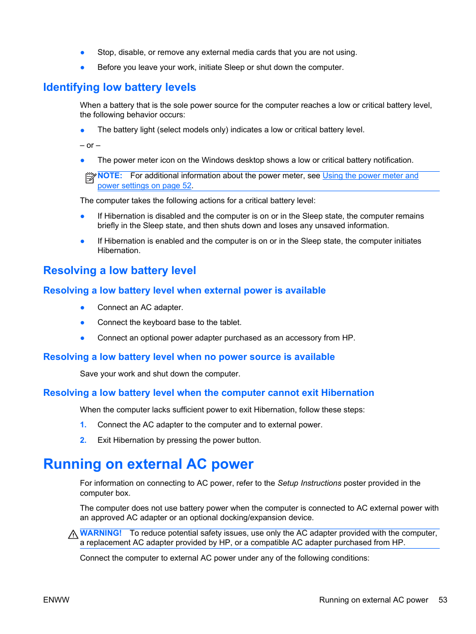 Identifying low battery levels, Resolving a low battery level, Running on external ac power | HP Spectre 13 x2 Pro PC User Manual | Page 63 / 86