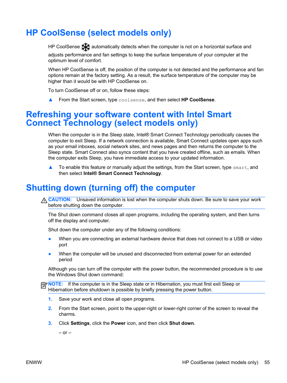 Hp coolsense (select models only), Shutting down (turning off) the computer | HP Spectre 13 x2 Pro PC User Manual | Page 65 / 86