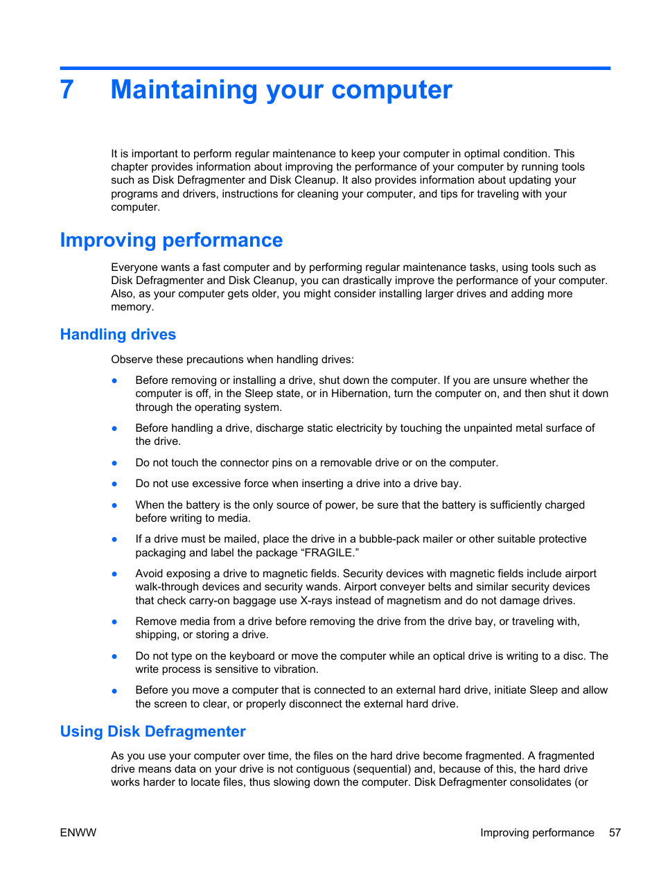 Maintaining your computer, Improving performance, Handling drives | Using disk defragmenter, 7 maintaining your computer, Handling drives using disk defragmenter, 7maintaining your computer | HP Spectre 13 x2 Pro PC User Manual | Page 67 / 86