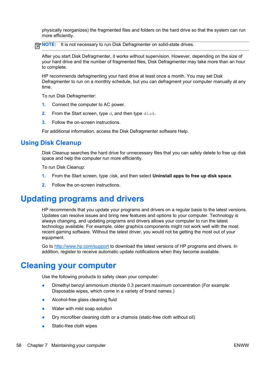 Using disk cleanup, Updating programs and drivers, Cleaning your computer | HP Spectre 13 x2 Pro PC User Manual | Page 68 / 86