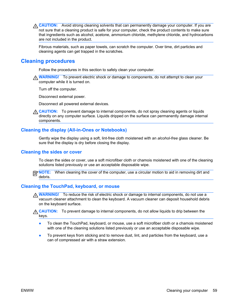 Cleaning procedures, Cleaning the display (all-in-ones or notebooks), Cleaning the sides or cover | Cleaning the touchpad, keyboard, or mouse | HP Spectre 13 x2 Pro PC User Manual | Page 69 / 86