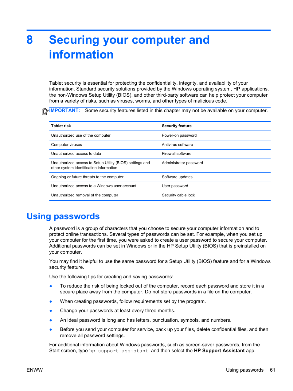 Securing your computer and information, Using passwords, 8 securing your computer and information | 8securing your computer and information | HP Spectre 13 x2 Pro PC User Manual | Page 71 / 86