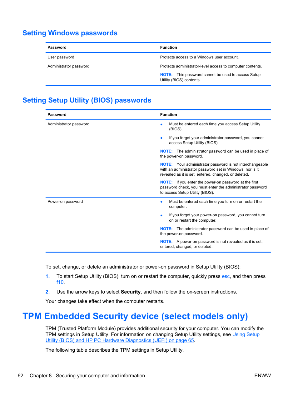 Setting windows passwords, Setting setup utility (bios) passwords, Tpm embedded security device (select models only) | HP Spectre 13 x2 Pro PC User Manual | Page 72 / 86