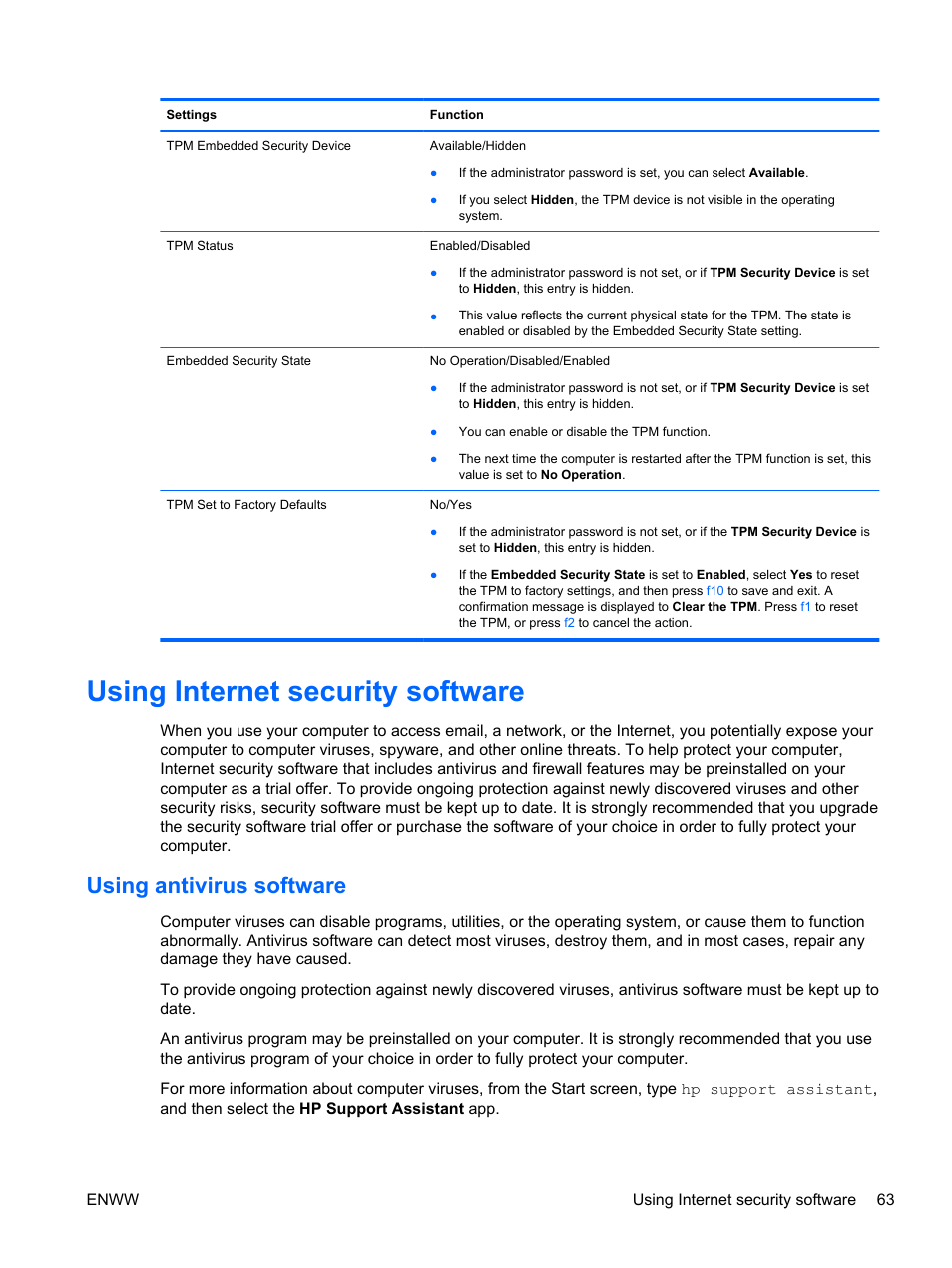 Using internet security software, Using antivirus software | HP Spectre 13 x2 Pro PC User Manual | Page 73 / 86