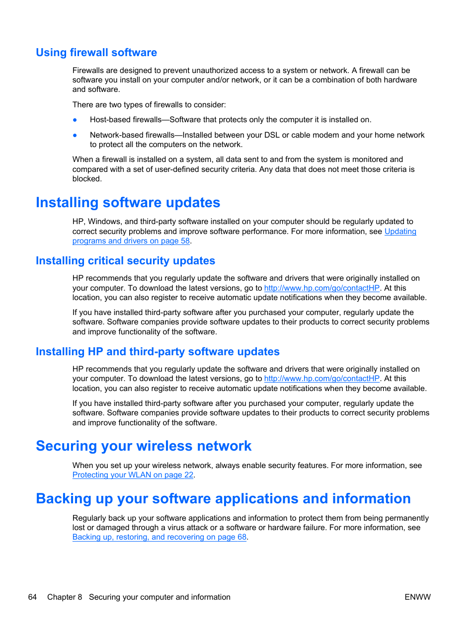 Using firewall software, Installing software updates, Installing critical security updates | Installing hp and third-party software updates, Securing your wireless network | HP Spectre 13 x2 Pro PC User Manual | Page 74 / 86