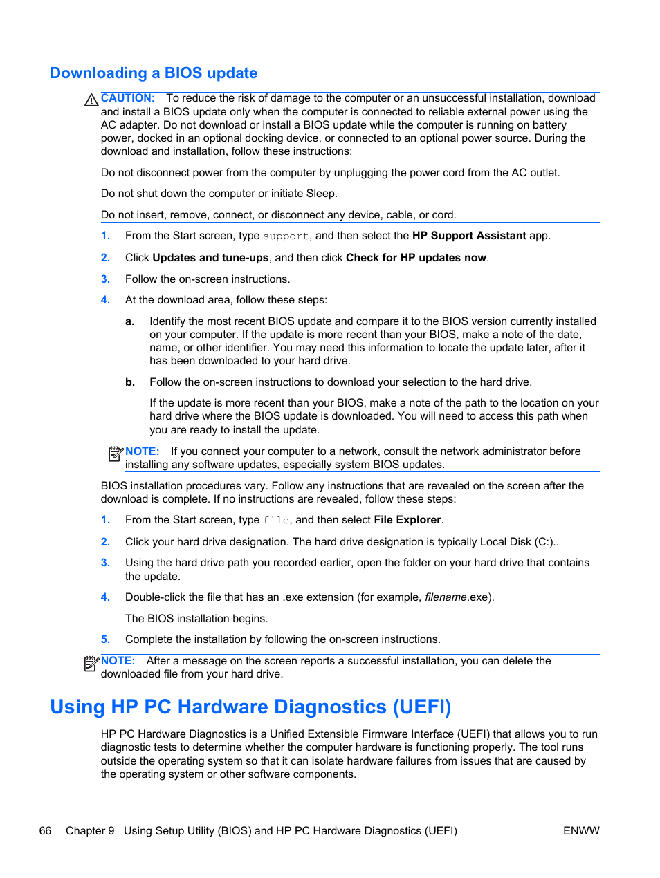 Downloading a bios update, Using hp pc hardware diagnostics (uefi) | HP Spectre 13 x2 Pro PC User Manual | Page 76 / 86