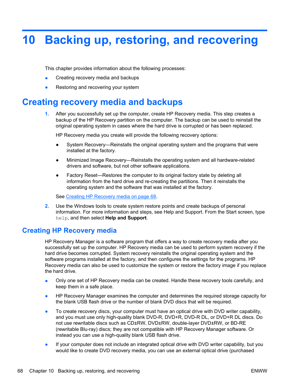 Backing up, restoring, and recovering, Creating recovery media and backups, Creating hp recovery media | 10 backing up, restoring, and recovering, Backing up | HP Spectre 13 x2 Pro PC User Manual | Page 78 / 86