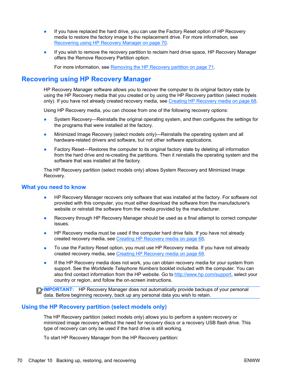 Recovering using hp recovery manager, What you need to know, Recovering using hp | HP Spectre 13 x2 Pro PC User Manual | Page 80 / 86