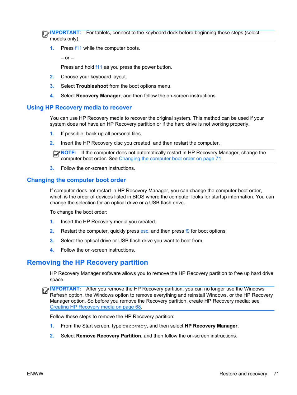 Using hp recovery media to recover, Changing the computer boot order, Removing the hp recovery partition | HP Spectre 13 x2 Pro PC User Manual | Page 81 / 86