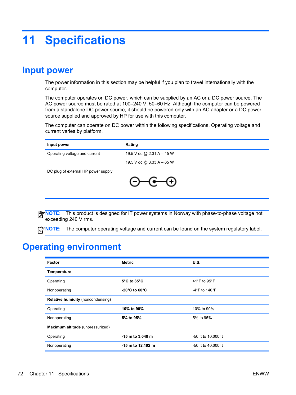 Specifications, Input power, Operating environment | 11 specifications, Input power operating environment | HP Spectre 13 x2 Pro PC User Manual | Page 82 / 86