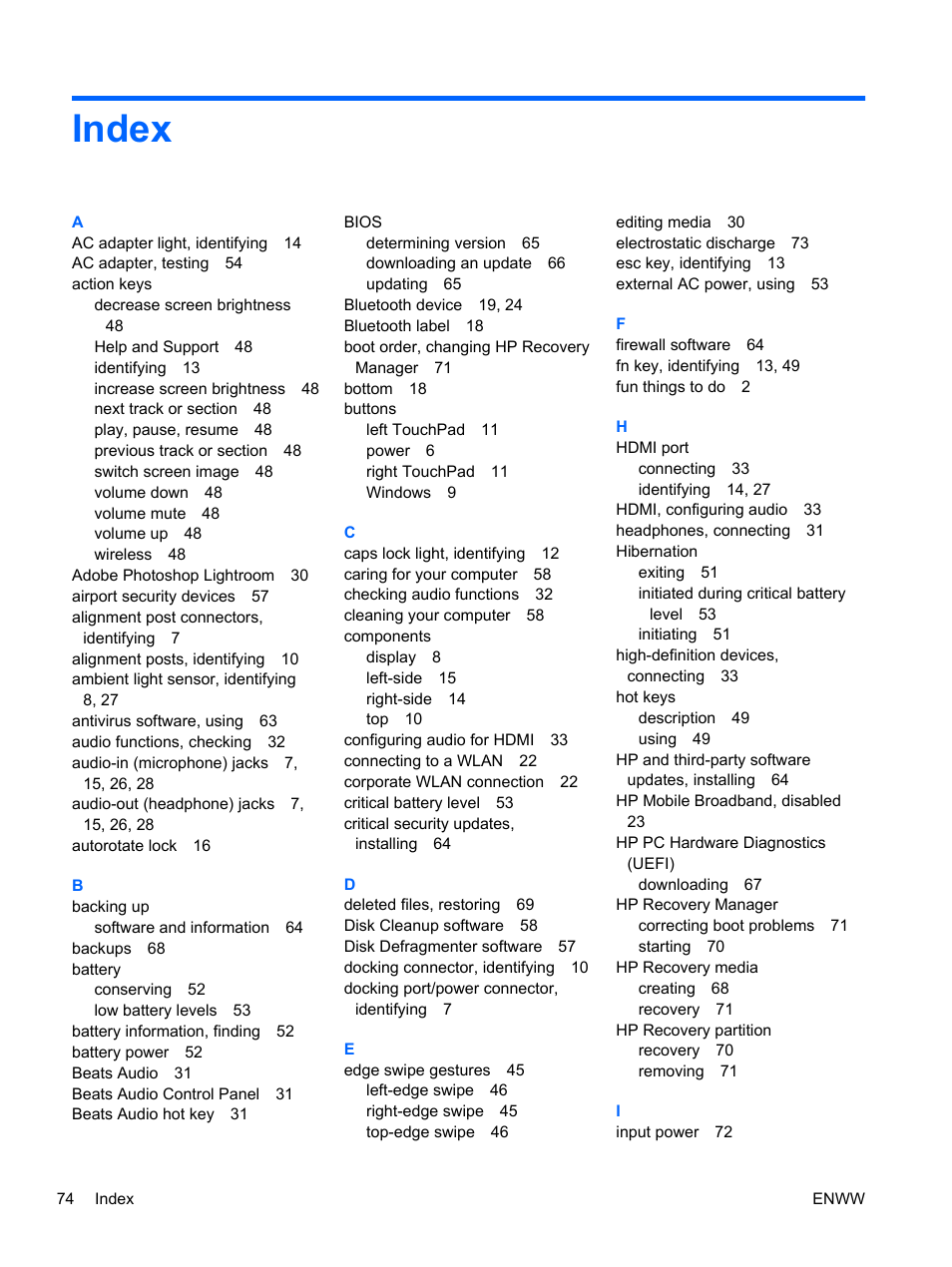 Index | HP Spectre 13 x2 Pro PC User Manual | Page 84 / 86