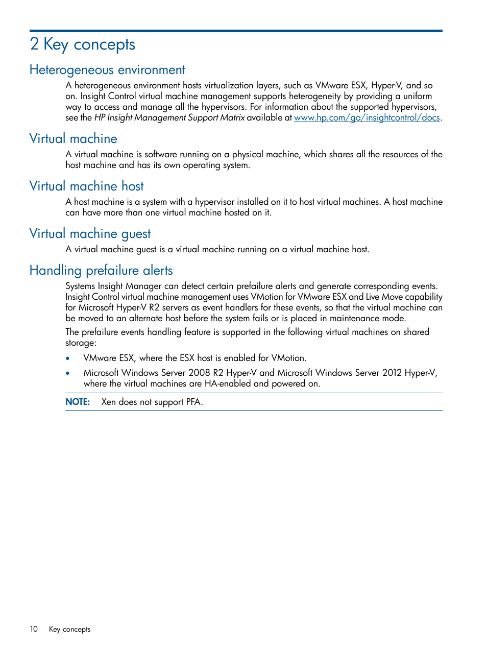 2 key concepts, Heterogeneous environment, Virtual machine | Virtual machine host, Virtual machine guest, Handling prefailure alerts | HP Insight Control Software for Linux User Manual | Page 10 / 54