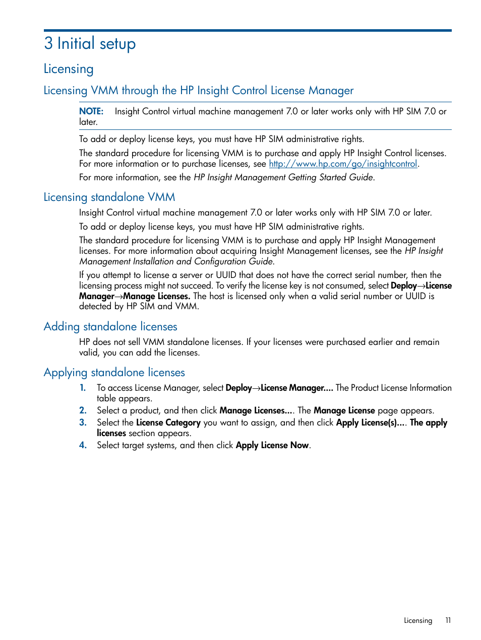 3 initial setup, Licensing, Licensing standalone vmm | Adding standalone licenses, Applying standalone licenses | HP Insight Control Software for Linux User Manual | Page 11 / 54