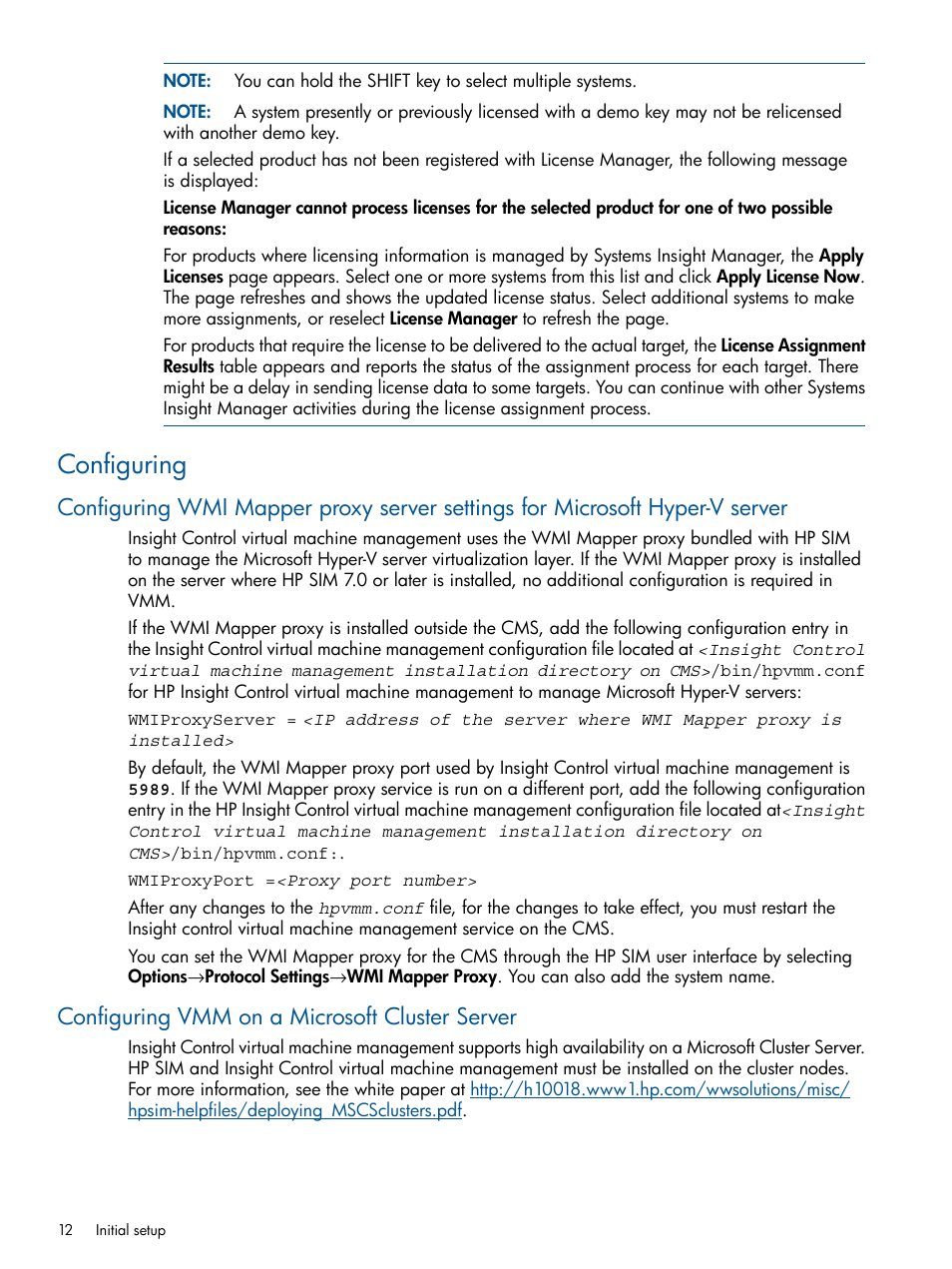 Configuring, Configuring vmm on a microsoft cluster server | HP Insight Control Software for Linux User Manual | Page 12 / 54