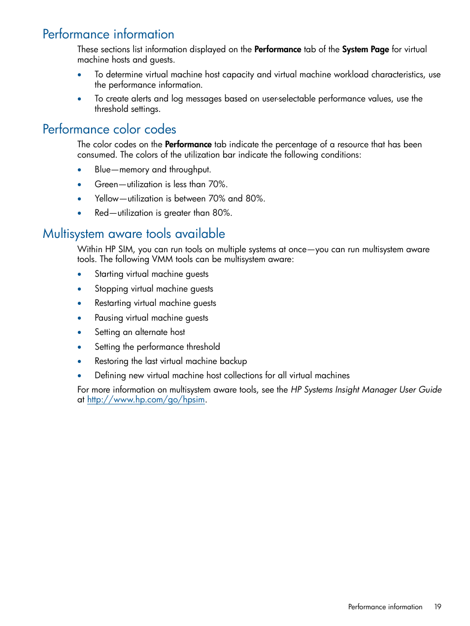 Performance information, Performance color codes, Multisystem aware tools available | HP Insight Control Software for Linux User Manual | Page 19 / 54