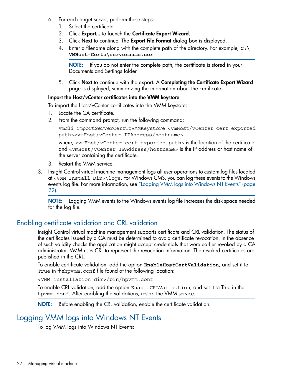 Enabling certificate validation and crl validation, Logging vmm logs into windows nt events | HP Insight Control Software for Linux User Manual | Page 22 / 54