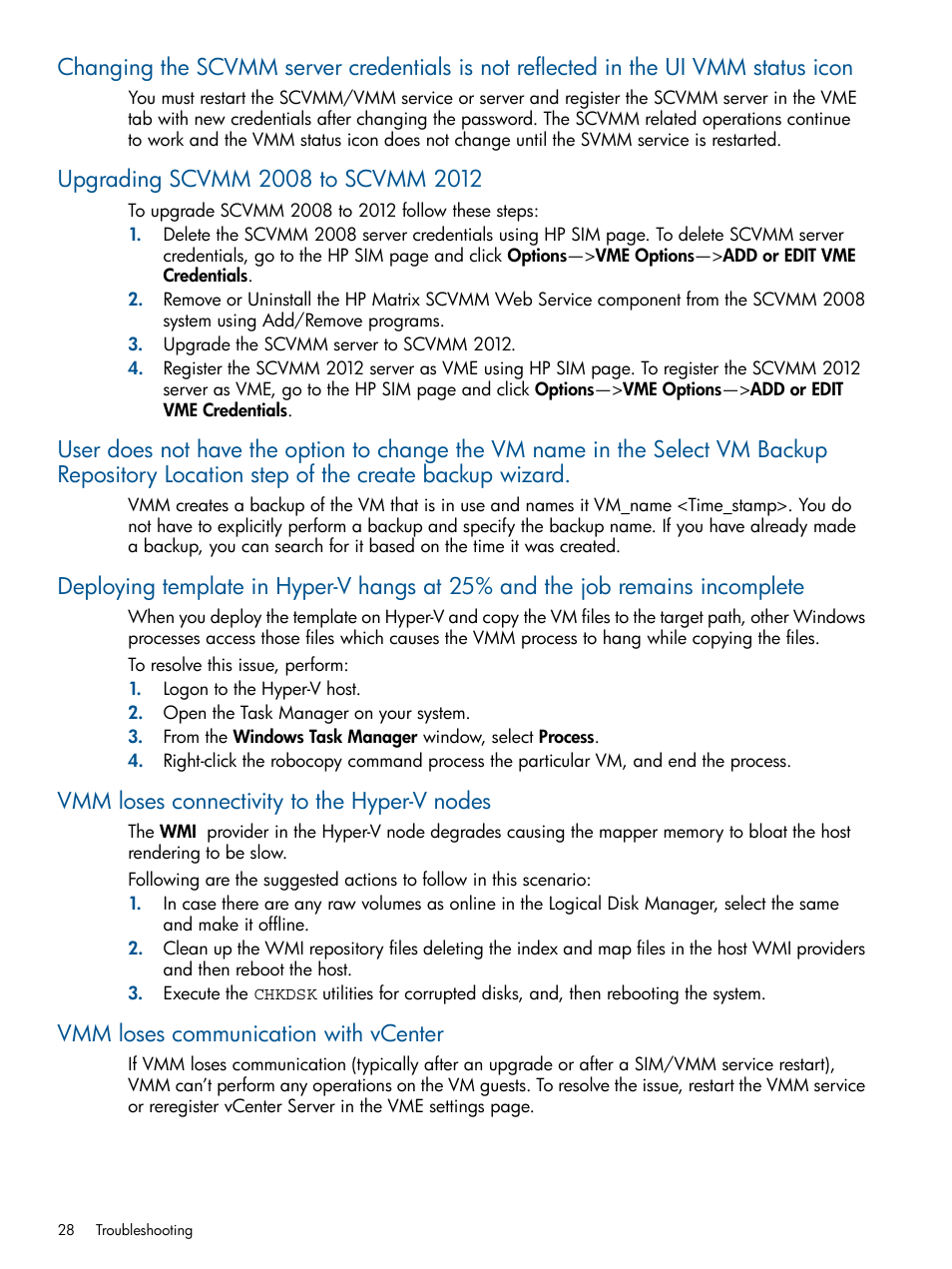 Upgrading scvmm 2008 to scvmm 2012, Vmm loses connectivity to the hyper-v nodes, Vmm loses communication with vcenter | HP Insight Control Software for Linux User Manual | Page 28 / 54