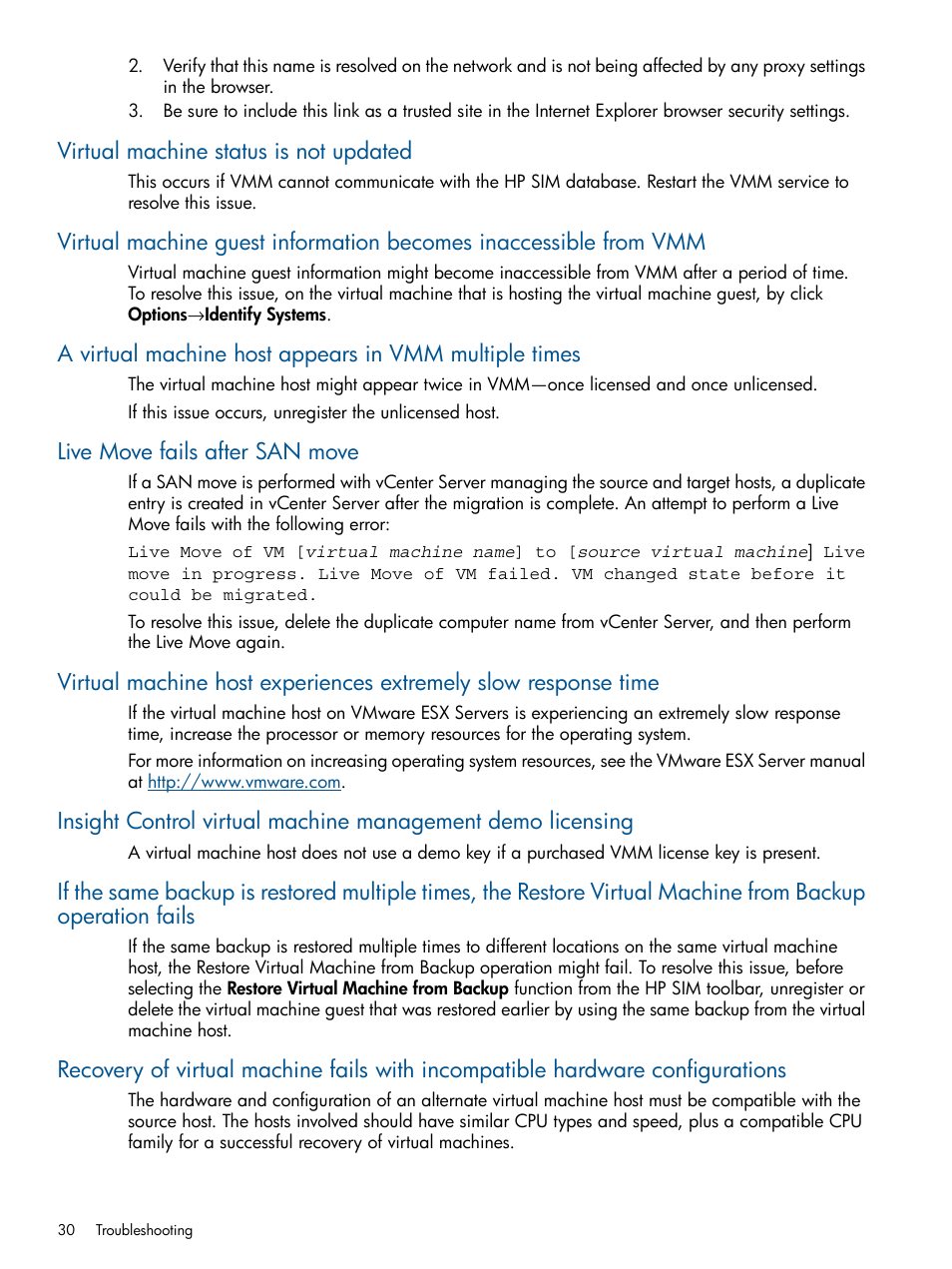 Virtual machine status is not updated, Live move fails after san move | HP Insight Control Software for Linux User Manual | Page 30 / 54