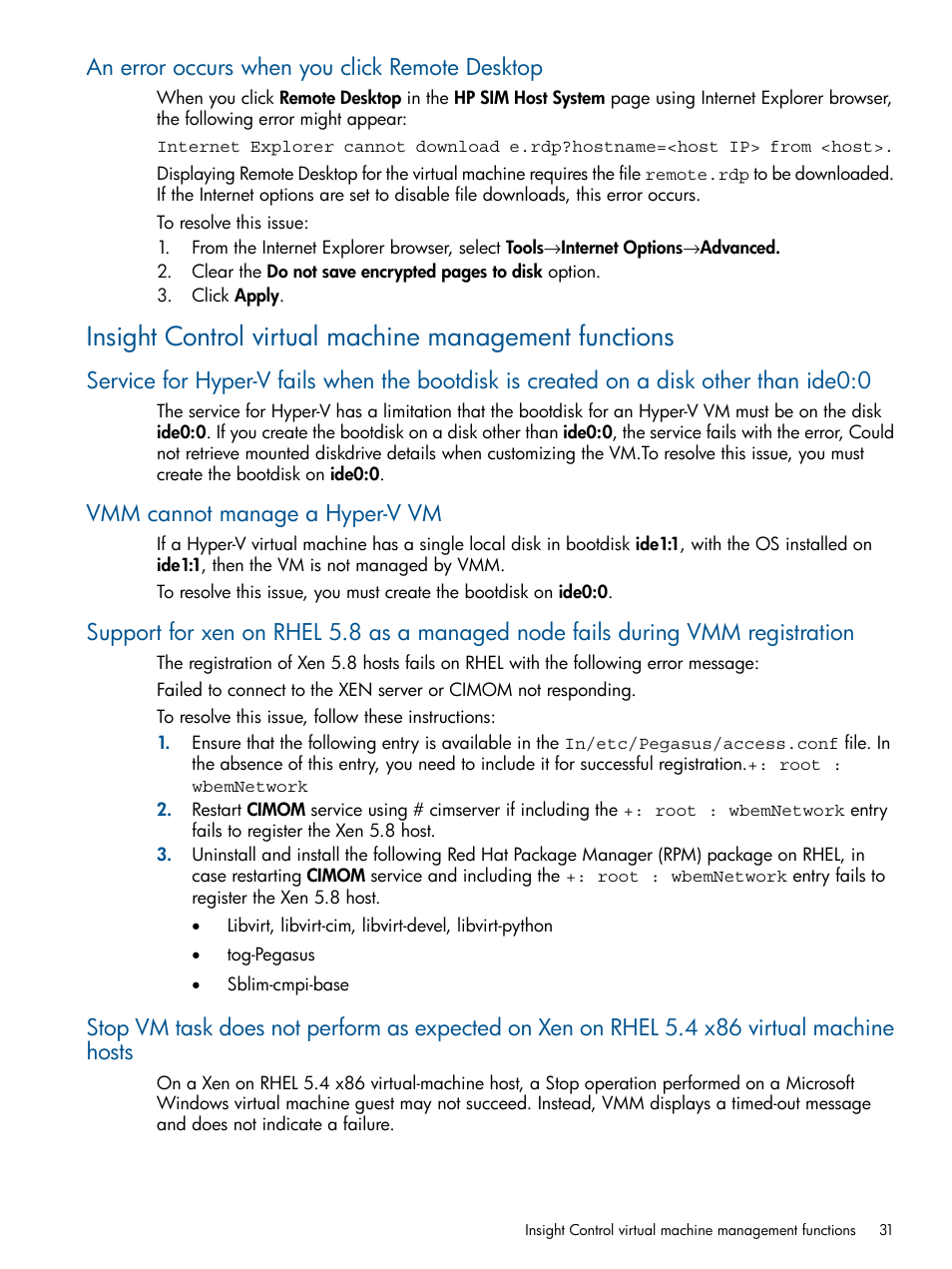 An error occurs when you click remote desktop, Vmm cannot manage a hyper-v vm | HP Insight Control Software for Linux User Manual | Page 31 / 54