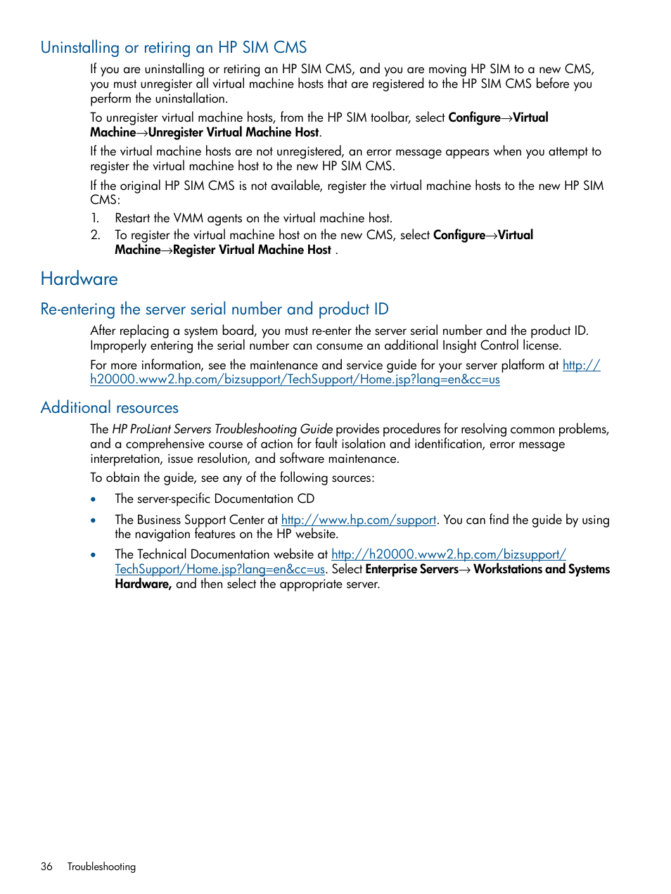 Uninstalling or retiring an hp sim cms, Hardware, Additional resources | HP Insight Control Software for Linux User Manual | Page 36 / 54