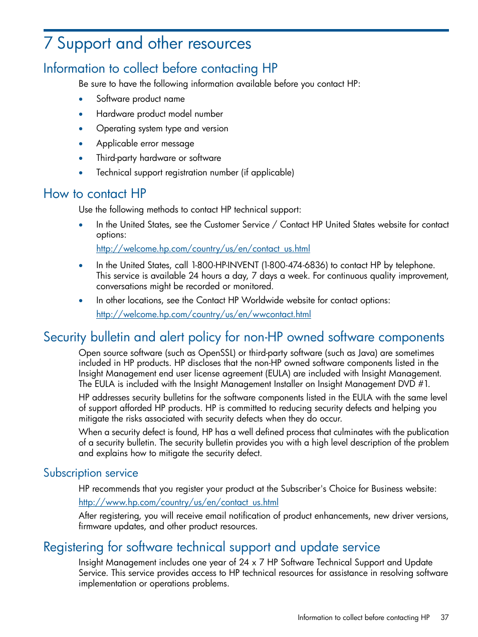 7 support and other resources, Information to collect before contacting hp, How to contact hp | Subscription service | HP Insight Control Software for Linux User Manual | Page 37 / 54