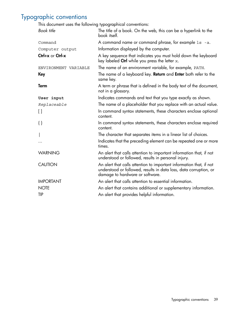 Typographic conventions | HP Insight Control Software for Linux User Manual | Page 39 / 54