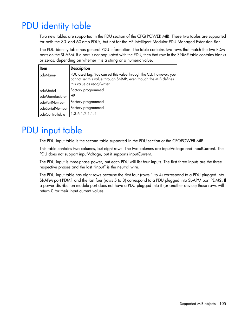 Pdu identity table, Pdu input table | HP ProLiant DL170e G6 Server User Manual | Page 105 / 111