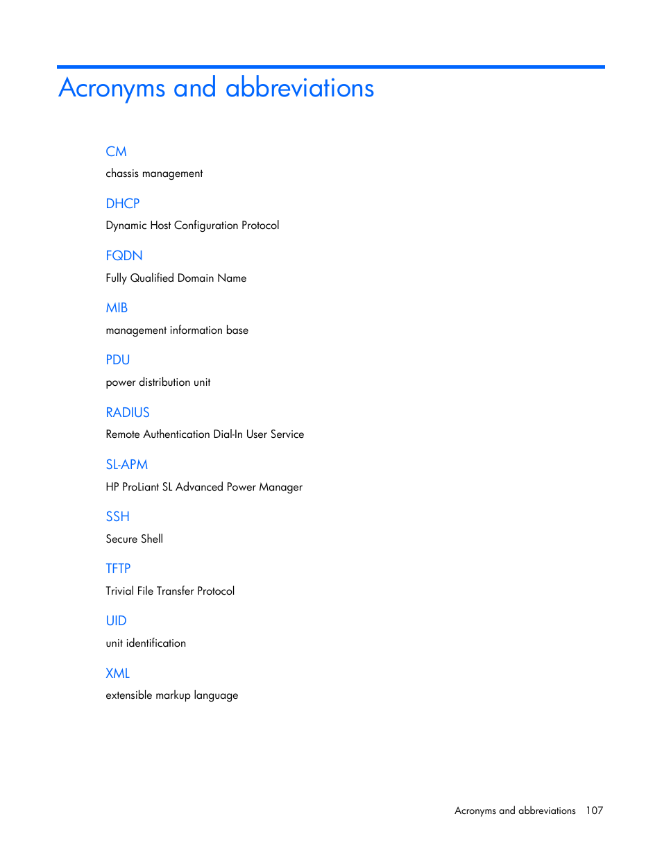 Acronyms and abbreviations | HP ProLiant DL170e G6 Server User Manual | Page 107 / 111